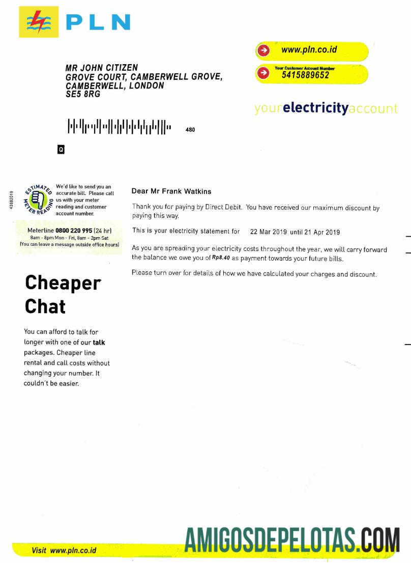 imprimível Modelo de conta de serviço público de eletricidade PLN da Indonésia, totalmente editável em formato PSD